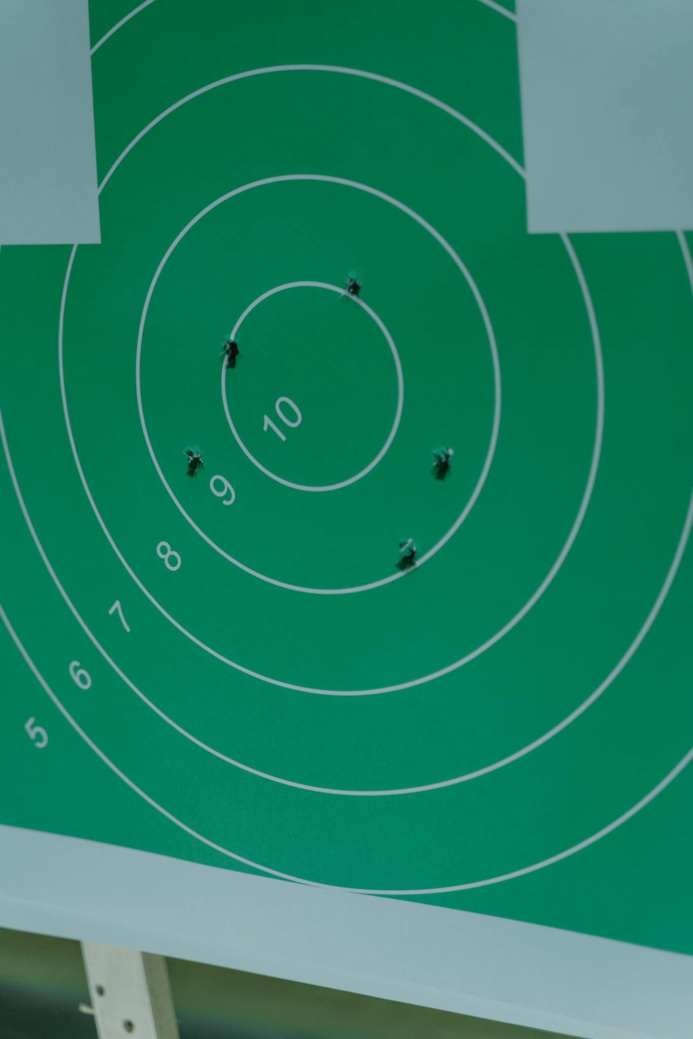 Close-up of a green shooting target with bullet holes and numbered rings.